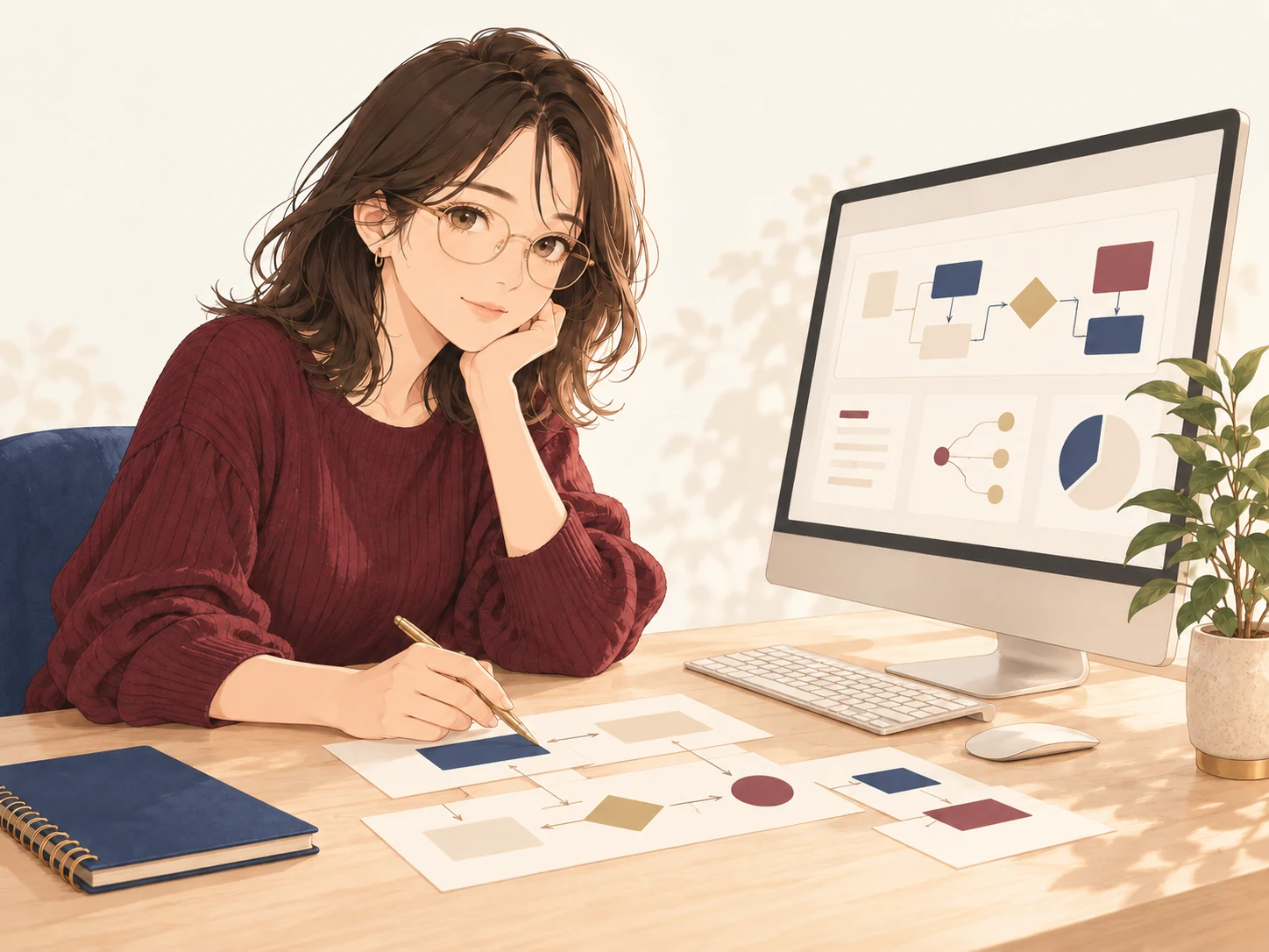 Japanese anime illustration of a woman mapping business workflows beside an all-in-one desktop computer